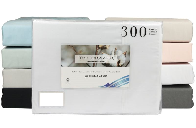 Elegant silver queen sheet set (300TC) in 100% cotton for ultimate comfort, includes flat sheet, fitted sheet, and two pillowcases.