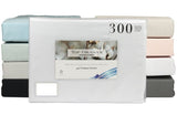 Elegant silver queen sheet set (300TC) in 100% cotton for ultimate comfort, includes flat sheet, fitted sheet, and two pillowcases.
