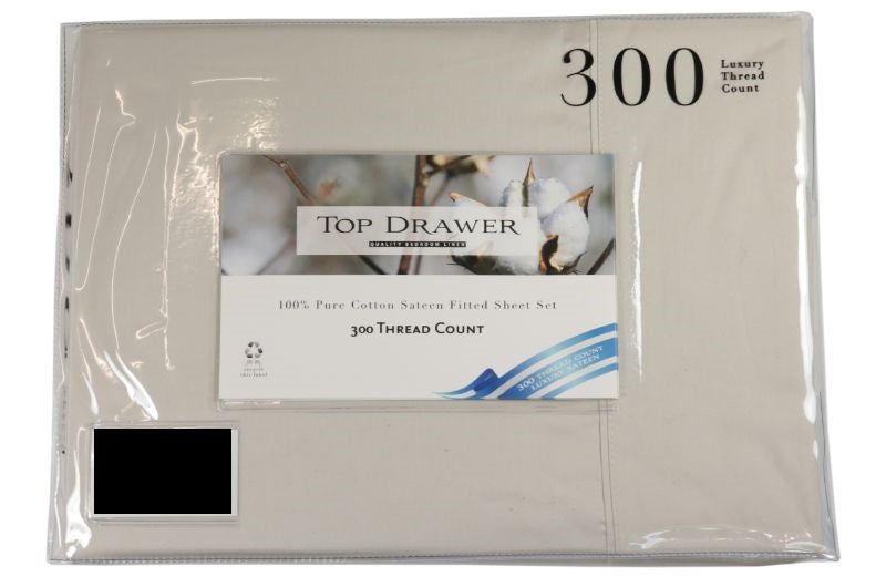 QUEEN Sheet Set with 50cm drop, 300TC natural cotton for year-round comfort; includes flat sheet, fitted sheet, and pillowcases.