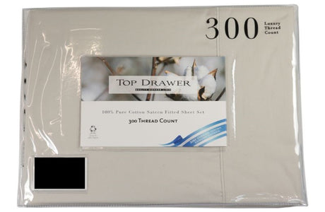 QUEEN Sheet Set with 50cm drop, 300TC natural cotton for year-round comfort; includes flat sheet, fitted sheet, and pillowcases.