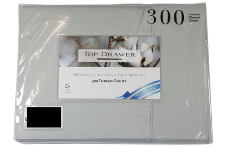 Elegant silver QUEEN sheet set with 300TC cotton, includes flat sheet, fitted sheet, and two pillowcases for ultimate comfort.