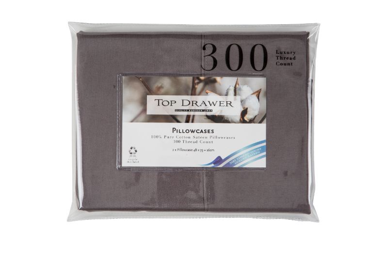 Standard Pillowcase 2 Pack 100% Cotton Sateen Graphite - 300TC