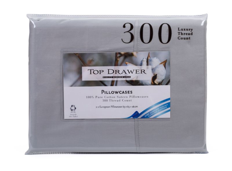 European Pillowcase 2 Pack in silver, 100% cotton sateen, 300TC, 65x65cm with 16cm cuff for secure fit and luxury comfort.