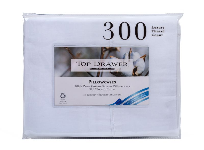 European Pillowcase 2 Pack 100% Cotton Sateen White - 300TC