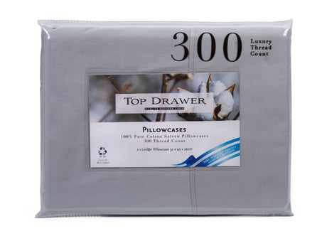 Elegant silver sateen pillowcase set, crafted from 100% cotton, enhances comfort with a luxurious 300 thread count.