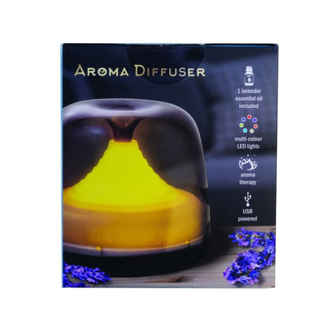 A sleek 10.7cm aroma diffuser with LED lights, includes Lavender oil and scent pads for a calming atmosphere.