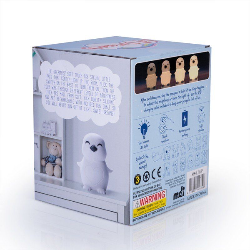 Soft silicone penguin LED night light with touch control and 6 brightness levels, perfect for children's bedtime comfort.