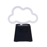 Cloud-shaped neon light speaker with blue glow, Bluetooth HD sound, rechargeable battery, and portable design.