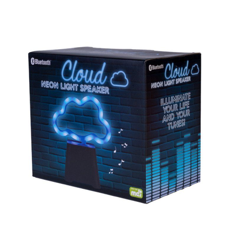 Cloud-shaped neon light speaker emitting a soft blue glow, delivering HD sound with Bluetooth connectivity.