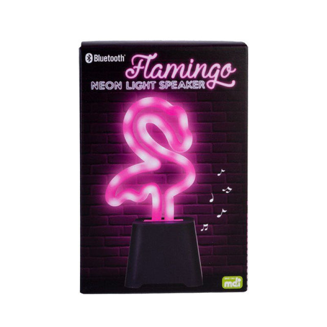 Neon light flamingo speaker glowing pink, providing HD sound via Bluetooth; portable with rechargeable battery for vibrant ambiance.