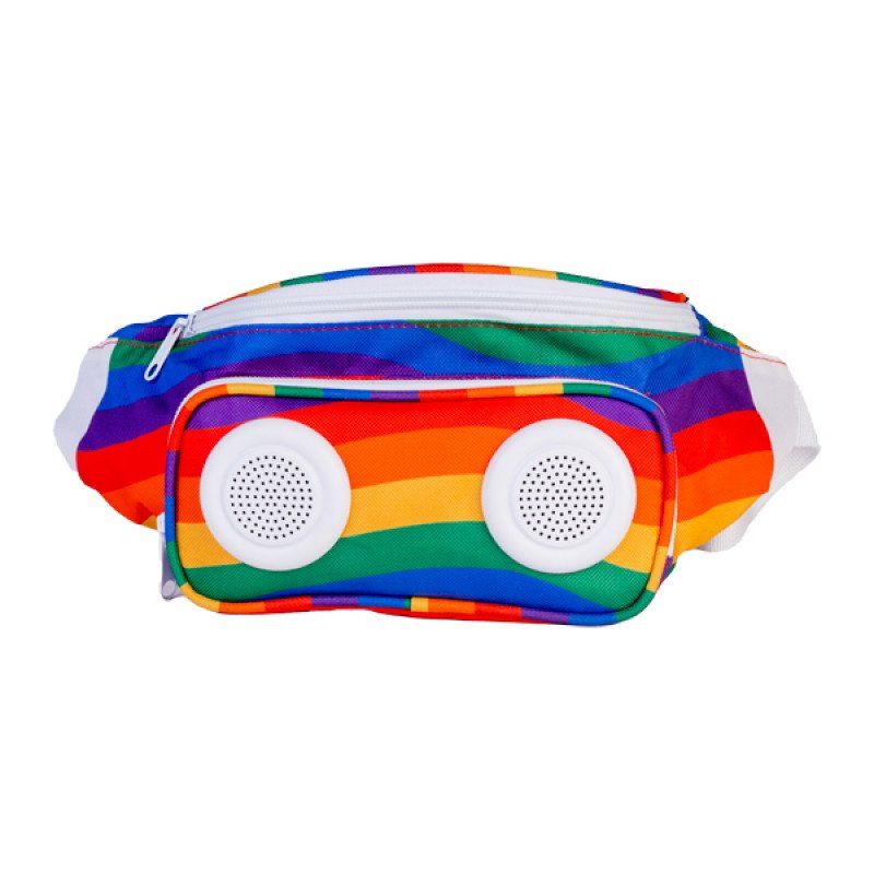 Colorful fanny pack with built-in Bluetooth speaker for music lovers, perfect for festivals and outdoor adventures.