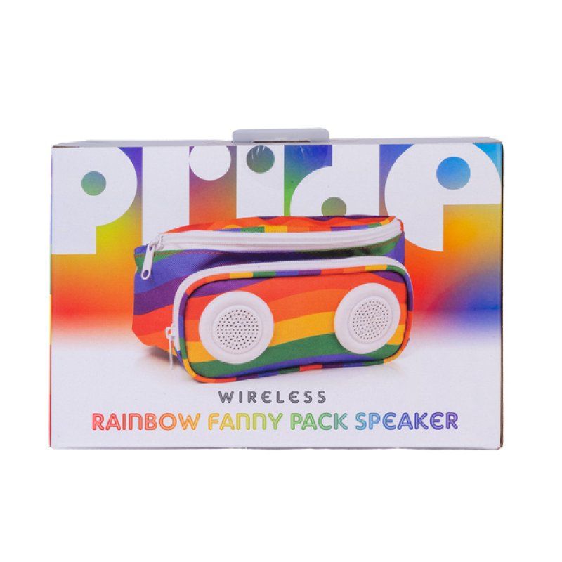 Rainbow fanny pack speaker, 34cm, with Bluetooth, portable design, spacious storage, and water-resistant materials.