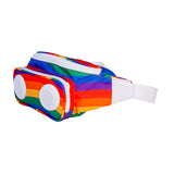 Rainbow fanny pack with Bluetooth speaker, perfect for music lovers and outdoor adventures, 34cm long.