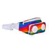 Colorful rainbow fanny pack with built-in Bluetooth speaker, perfect for music lovers on the go.