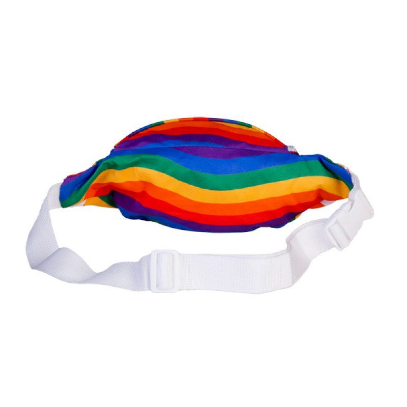 Vibrant rainbow fanny pack speaker designed for music lovers, featuring Bluetooth, storage, and a rechargeable battery.