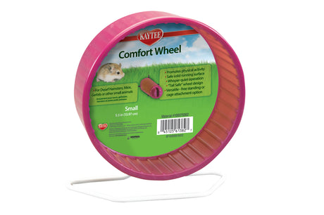 Kaytee Comfort Wheel Small 14cm for hamsters; whisper-quiet, safe design, promotes exercise, versatile for cage or free-standing use.