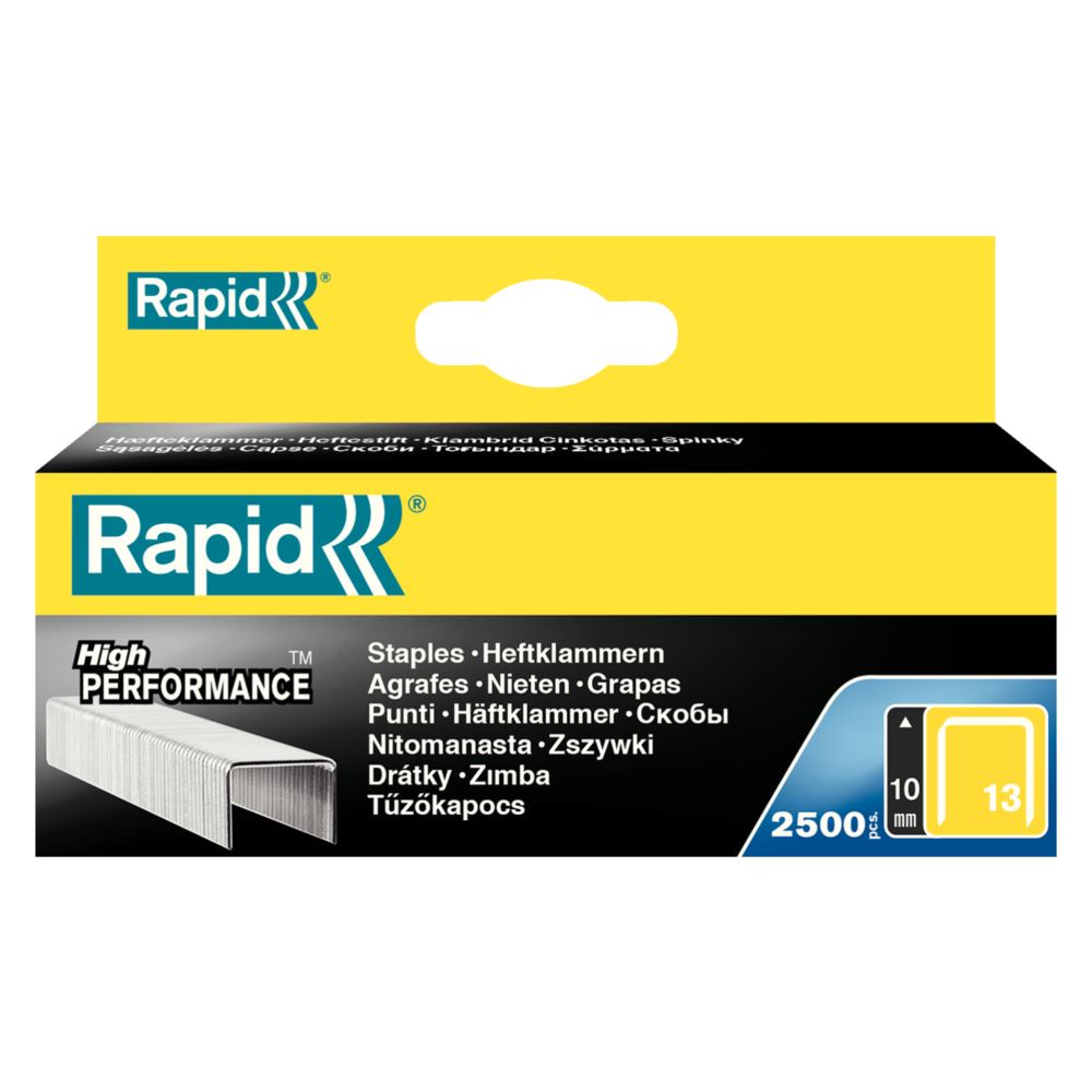 Pack of 2500 Rapid 13/10 staples for gun tackers, 10mm leg, 10.6mm crown, durable and ideal for textiles.