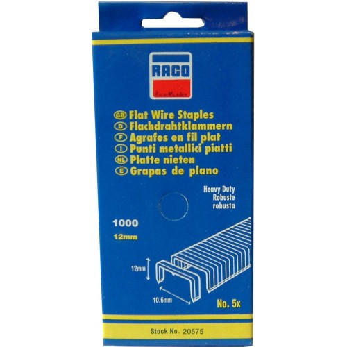 Durable Raco RT20575 staples for RT20/515B staplers, 12mm leg length, pack of 1000 for efficient office and craft use.