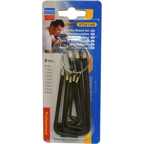 8-piece METRIC RACO hex key set made from high-quality steel, featuring ergonomic design and corrosion-resistant finish.