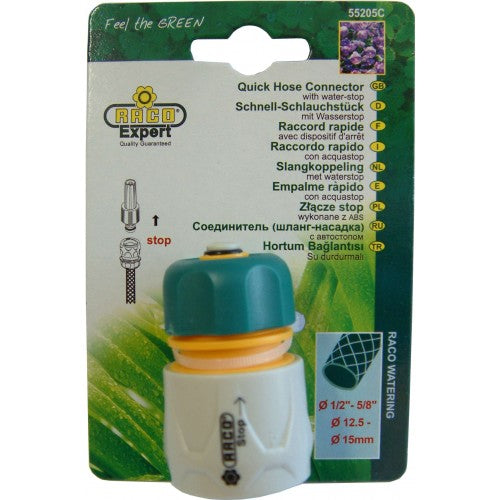 Raco RT55/205C Quick-Stop Hose Connector for leak-proof, efficient watering with 1-inch CD hoses, easy to use and reliable.