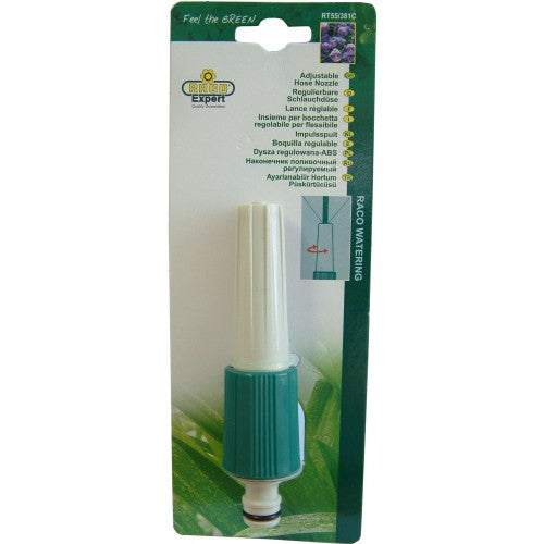 Adjustable hose nozzle with ergonomic grip and multiple spray settings for versatile outdoor watering tasks.