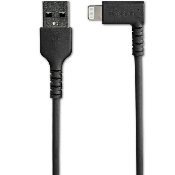 Durable 1m USB A to Lightning cable with right angle connector for easy charging, reinforced for flexibility and longevity.