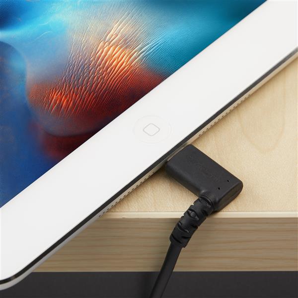 1m USB A to Lightning cable with durable right angle connector, designed for easy access and flexibility while charging.