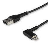 Durable 1m USB A to Lightning cable with right angle connector, aramid fiber reinforcement, and Apple MFi certification.