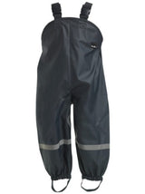Mum 2 Mum Navy Rainwear Overalls for kids, 100% waterproof with adjustable straps and reflective stripes for visibility.