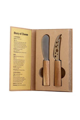 Set of 2 elegant stainless steel cheese knives in a stylish book-shaped display box, perfect for cheese lovers and gifting.