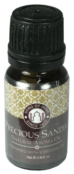 Premium Grade A Precious Sandal Aromatherapy Oil in a 10ml bottle, known for its soothing woody aroma for stress relief.
