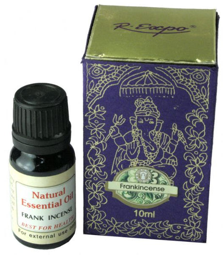 Bottle of Frankincense essential oil (10ml) known for its calming, skin health, and immune support properties.