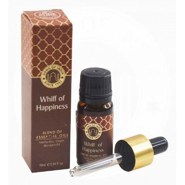 Whiff of Happiness Essential Oil 10ml in an amber bottle with dropper, blending Vanilla, Ginger, and Mandarin for uplifting aromatherapy.