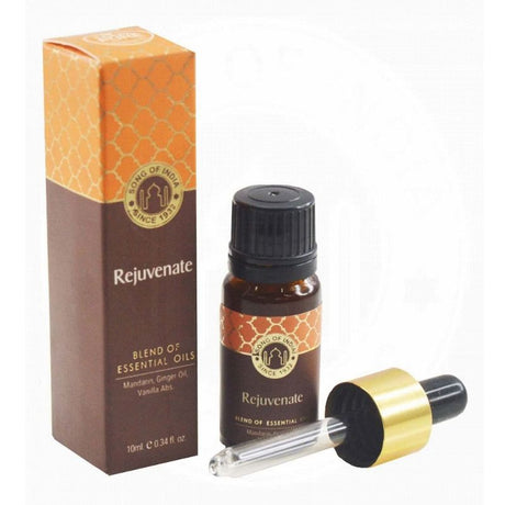 Aroma Oil Rejuvenate Essential Oil 10ml in amber glass bottle, enhancing relaxation and well-being with dropper for precise use.