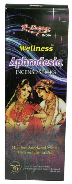 Wellness Incense Aphrodisia 20g in bamboo sticks, featuring Sandalwood and essential oils for relaxation and intimacy.