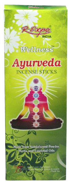 Wellness Incense Ayurveda 20g pack featuring hand-rolled sticks of Sandalwood and essential oils for calming meditation and relaxation.