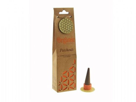 Organic Patchouli incense cones and ceramic burner, designed for meditation and relaxation, featuring a rich, earthy aroma.