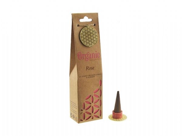 Eco-friendly jumbo rose incense cones with ceramic burner for meditation and relaxation, crafted from 100% organic ingredients.