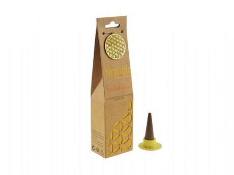 Jumbo Sandalwood incense cones and ceramic burner for a calming, organic aroma perfect for meditation and relaxation.