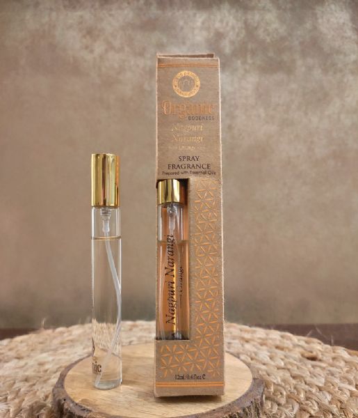 A 12 ml tubular glass bottle of Orange-Nagpuri Narangi Organic Perfume Spray, featuring a fresh and soft lingering scent.