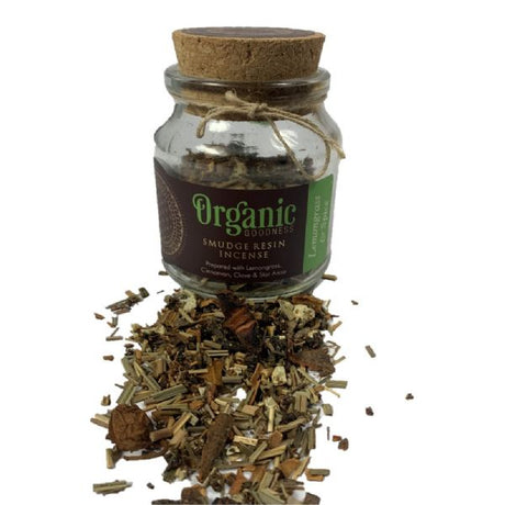 Aromatic smudge resin blend of lemongrass, cinnamon, clove, and star anise for cleansing and uplifting any space.