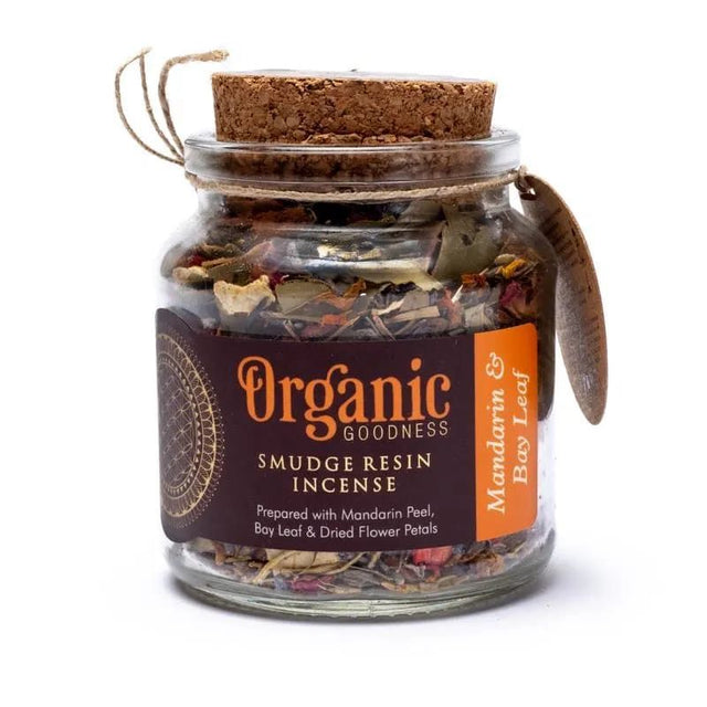 Aromatic smudge resin blend of mandarin and bay leaf for mindfulness, wellness, and purifying spaces.