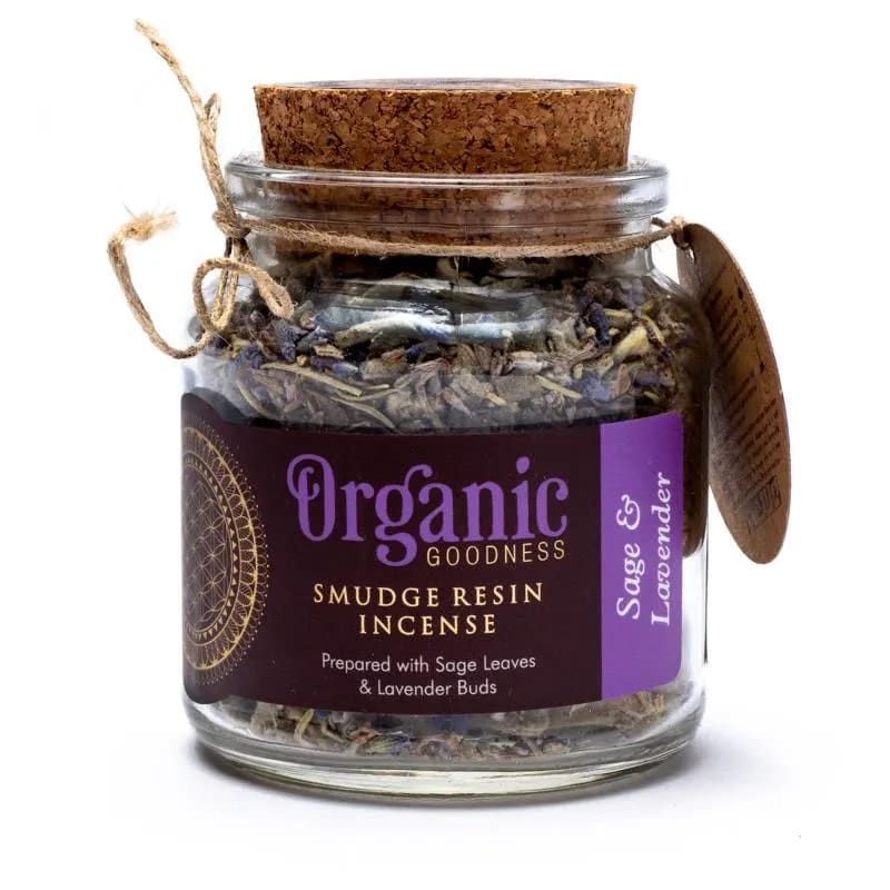 Smudge Resin Sage & Lavender blend, promoting cleansing and tranquility with floral aroma for meditation and relaxation.