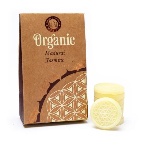 Set of 3 organic Madurai Jasmine wax melts, 40gm total, promoting relaxation with a floral aroma in eco-friendly packaging.