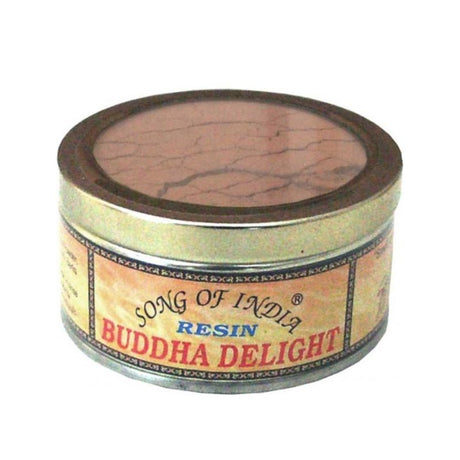 Buddha Delight 30gm Natural Resin in a tin, ideal for meditation with Sandalwood base for tranquility and mindfulness.