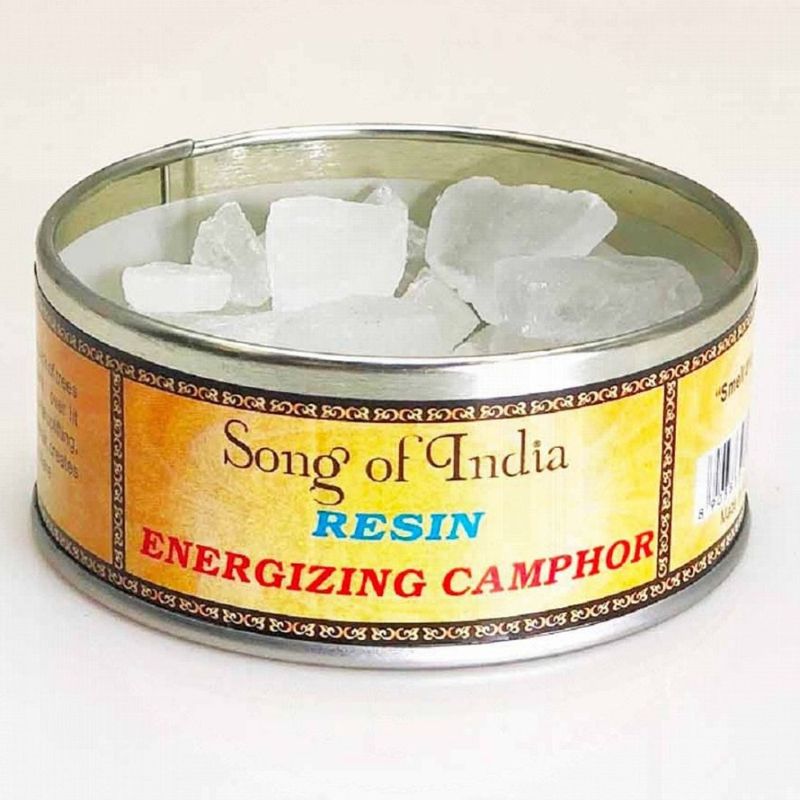 Energizing Camphor natural resin cubes in a tin jar, perfect for revitalizing spaces with an invigorating aroma.