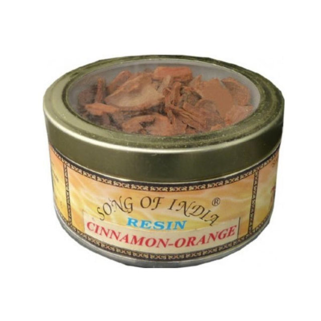 Cinnamon-Orange natural resin in a tin jar, enhancing spirituality and creating a calming atmosphere for incense enthusiasts.