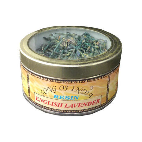 A tin jar of 8g English Lavender natural resin, promoting relaxation and serenity with calming aromatic incense.