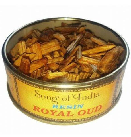 Royal Oud 25gm resin in tin jar, featuring natural Agarwood chips for soothing, aromatic experiences and meditation.