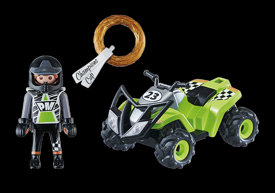 Playmobil Racing Quad with driver, helmet, and winner's wreath, designed for off-road fun and imaginative play for kids.